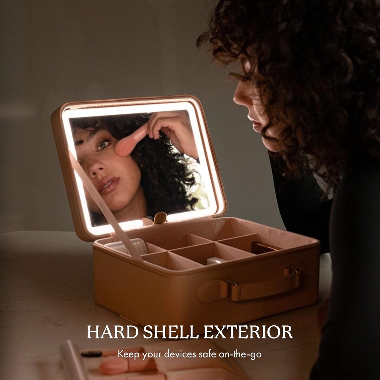 Travel Makeup Bag, Baia (Nude) - Hard Shell Storage Organizer with Large LED Lighted Mirror - Store, Organize & Travel - Beauty Cosmetics & Toiletry Essentials - Customized Compartments